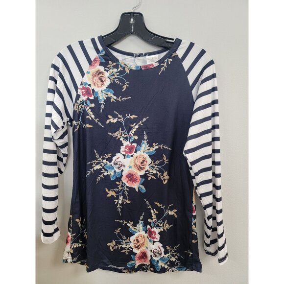 Floral & Striped Long Sleeve Baseball Tee Shirt Small - Picture 1 of 3